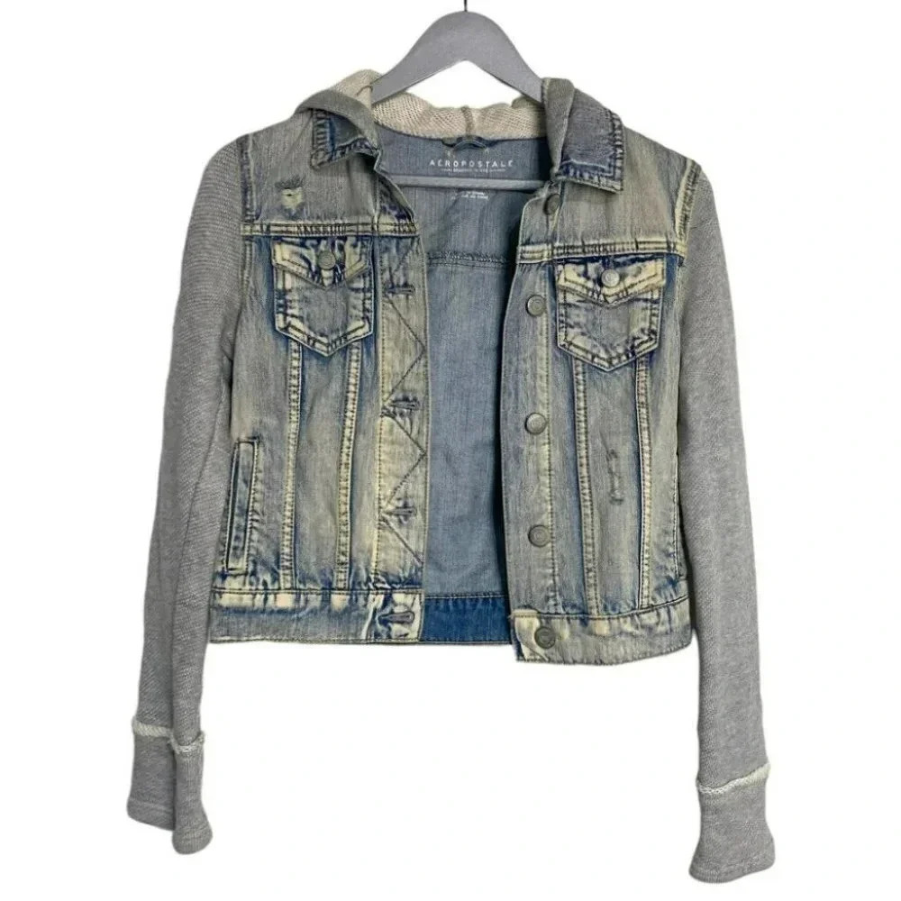 Aeropostale Denim Jacket S Blue Gray Mixed Media Hooded Distressed Trucker Coat